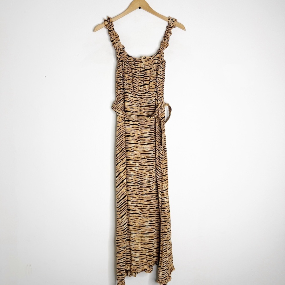 Faithfull The Brand Tiger Print Ruffle Strap Midi Dress – Size L (US 8) - Picture 3 of 6